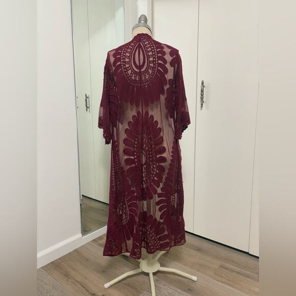 Rebellion Again Burgundy Woman's Lace Open Front Long Kimono Cardigan Small - Picture 3 of 6
